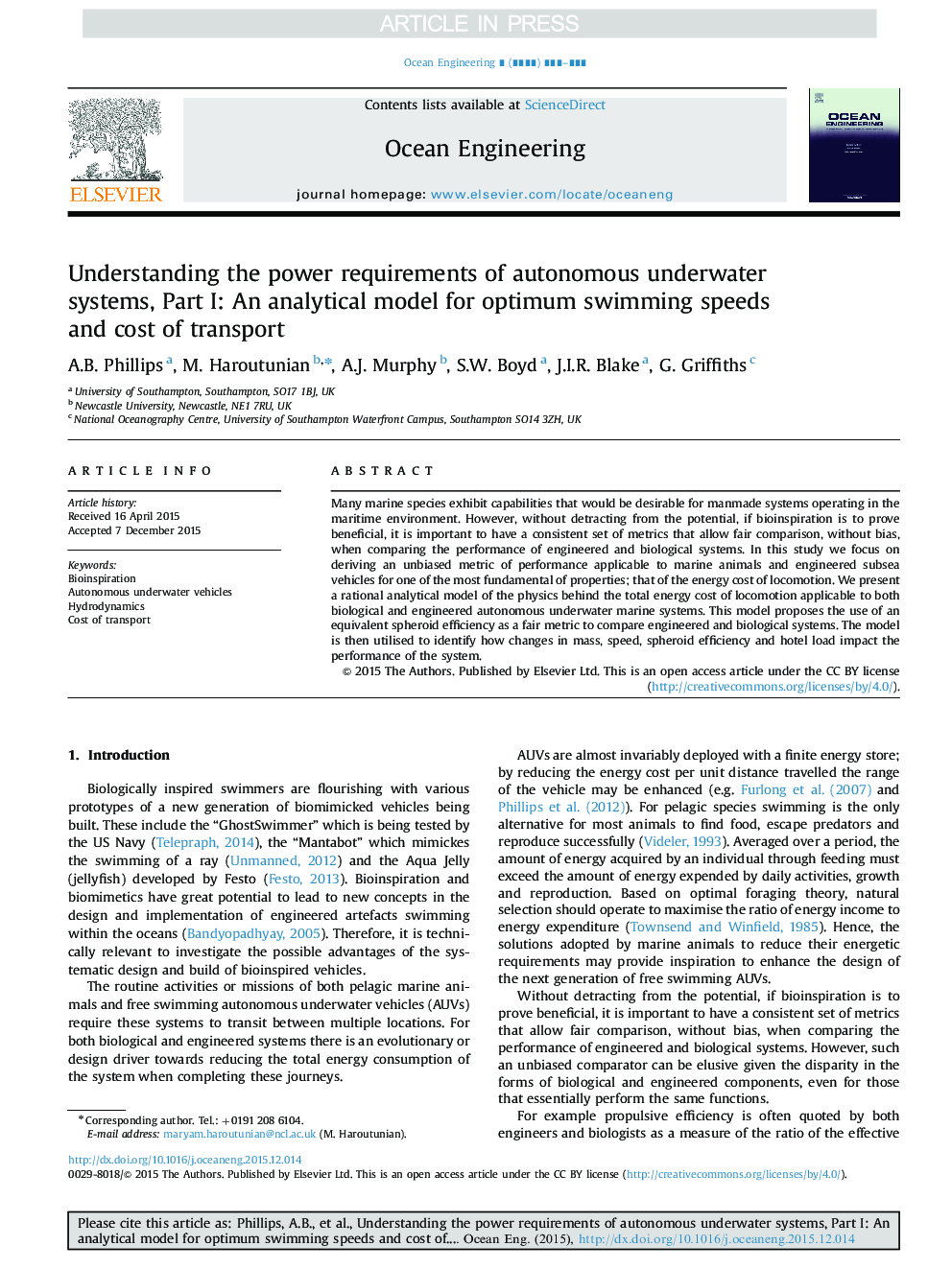 Understanding the power requirements of autonomous underwater systems, Part I: An analytical model for optimum swimming speeds and cost of transport