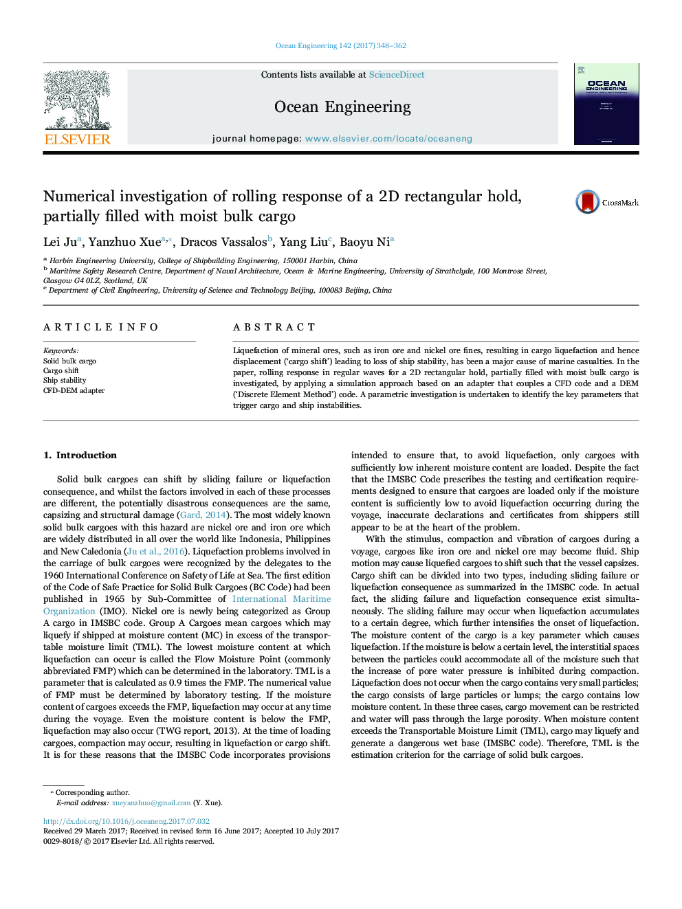 Numerical investigation of rolling response of a 2D rectangular hold, partially filled with moist bulk cargo