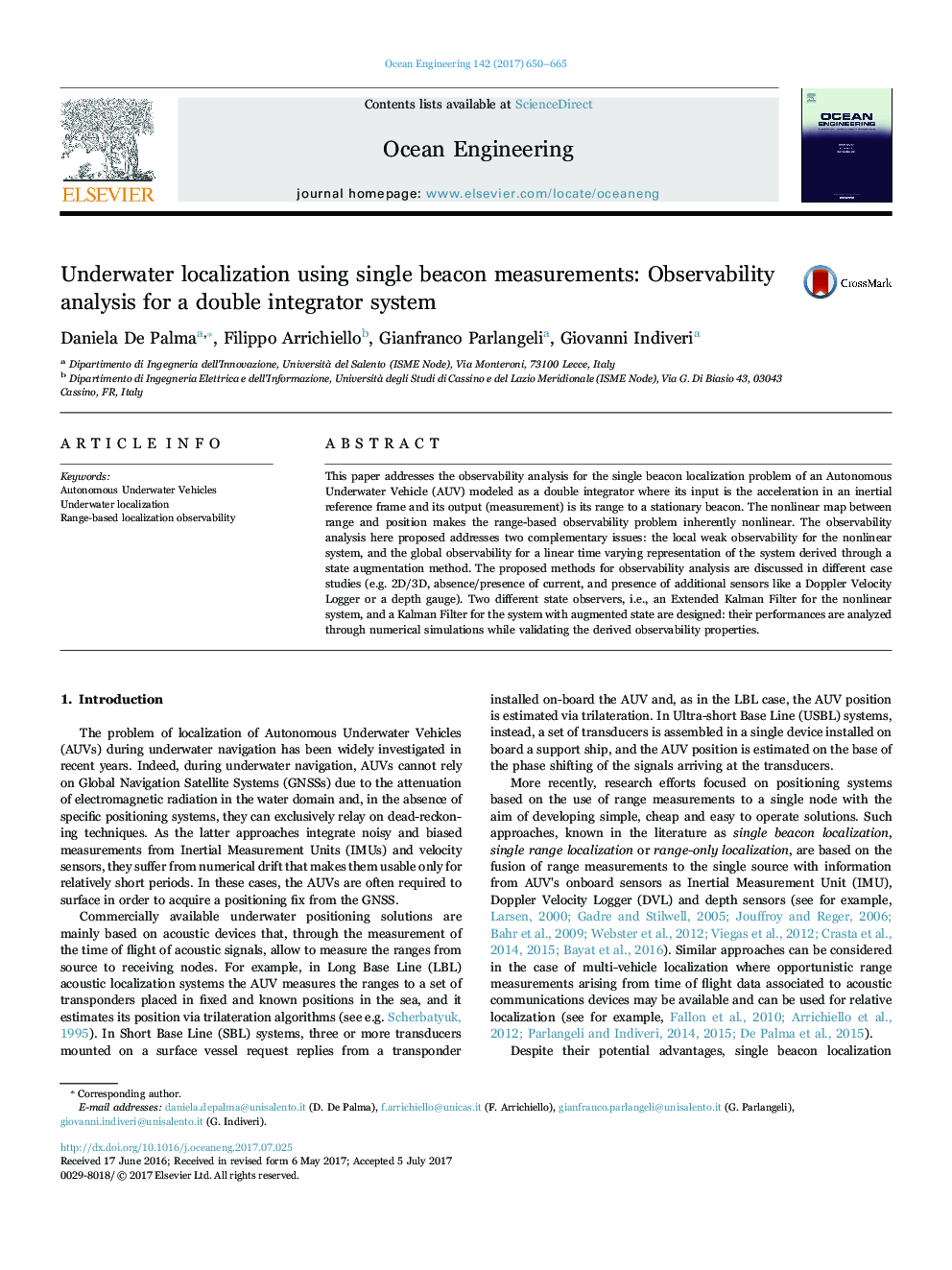 Underwater localization using single beacon measurements: Observability analysis for a double integrator system