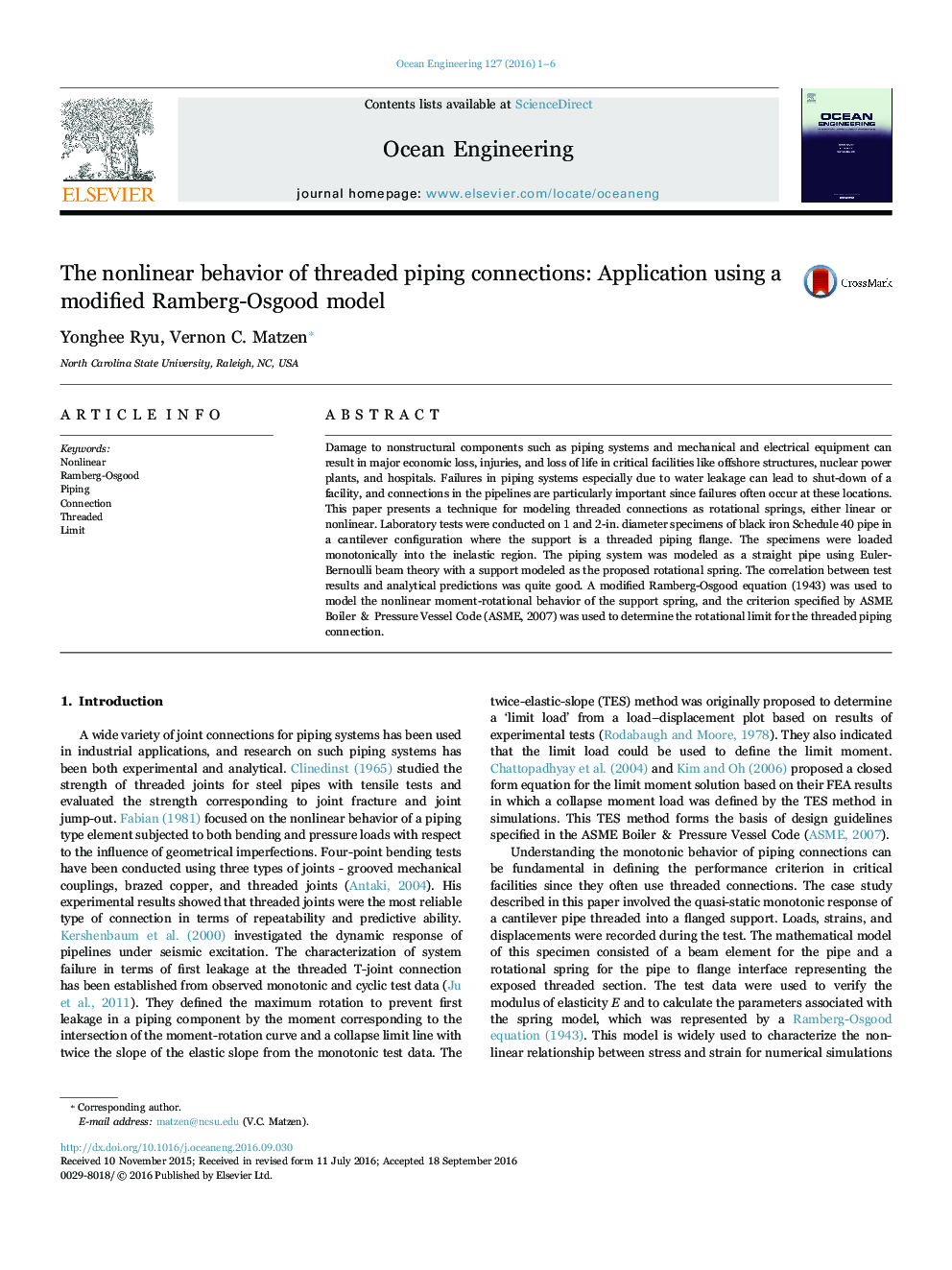 The nonlinear behavior of threaded piping connections: Application using a modified Ramberg-Osgood model