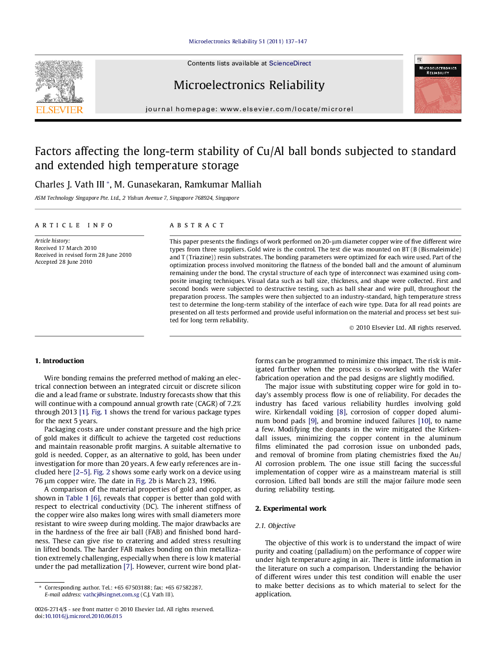 عکس صفحه اول مقاله: Factors affecting the long-term stability of Cu/Al ball bonds subjected to standard and extended high temperature storage Factors affecting the long-term stability of Cu/Al ball bonds subjected to standard and extended high temperature storage
