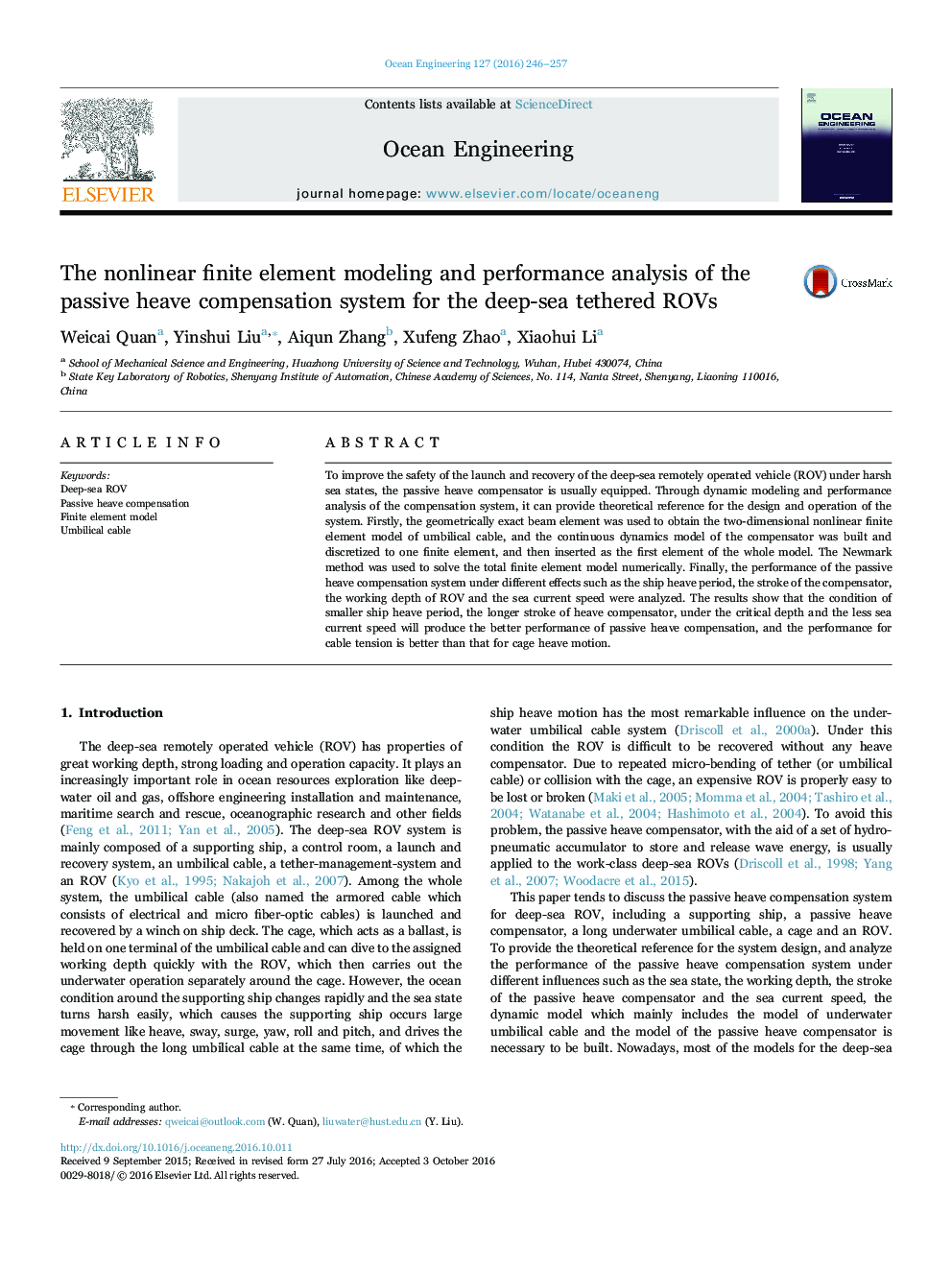 The nonlinear finite element modeling and performance analysis of the passive heave compensation system for the deep-sea tethered ROVs