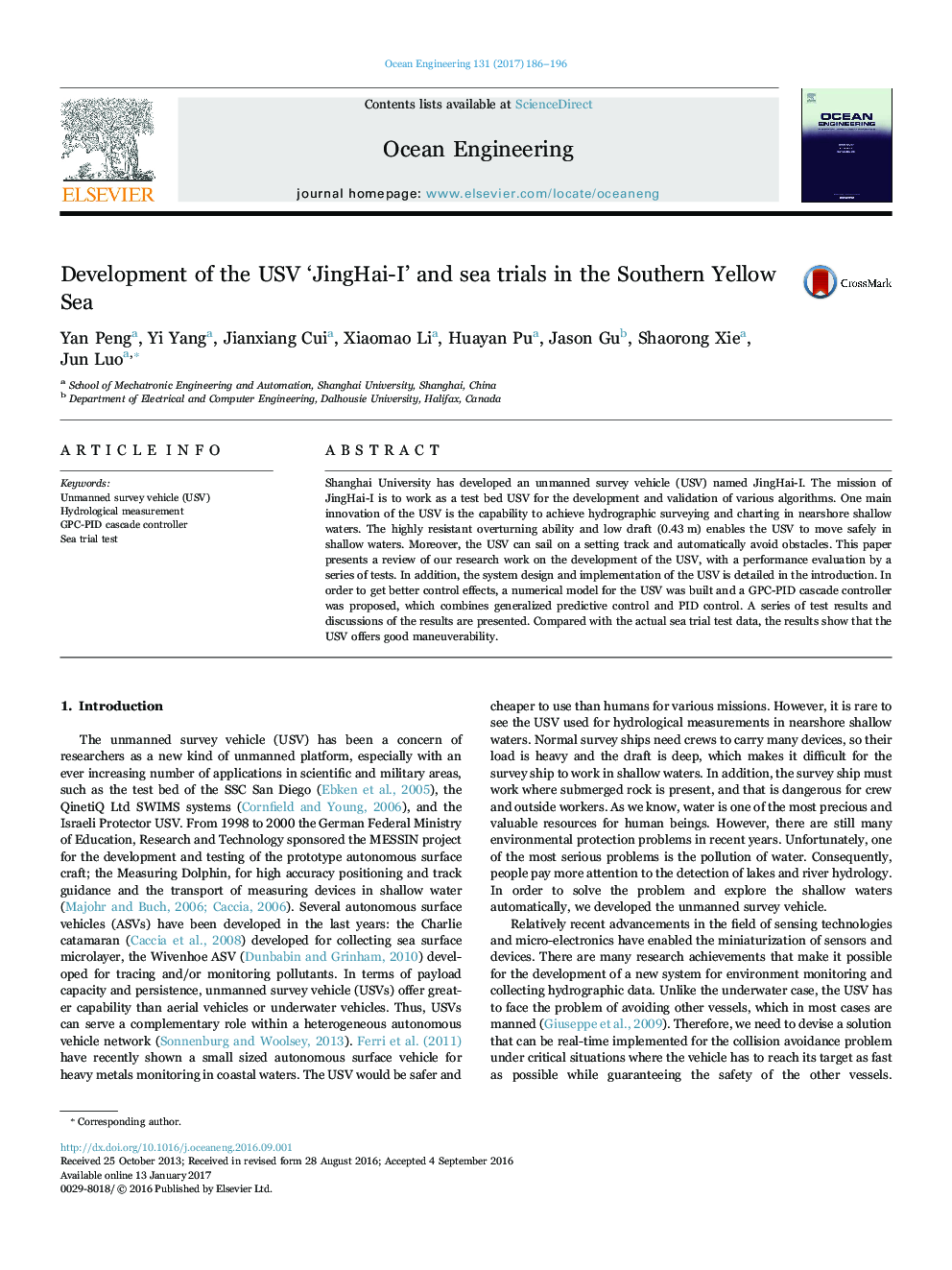 عکس صفحه اول مقاله: Development of the USV 'JingHai-I' and sea trials in the Southern Yellow Sea Development of the USV 'JingHai-I' and sea trials in the Southern Yellow Sea