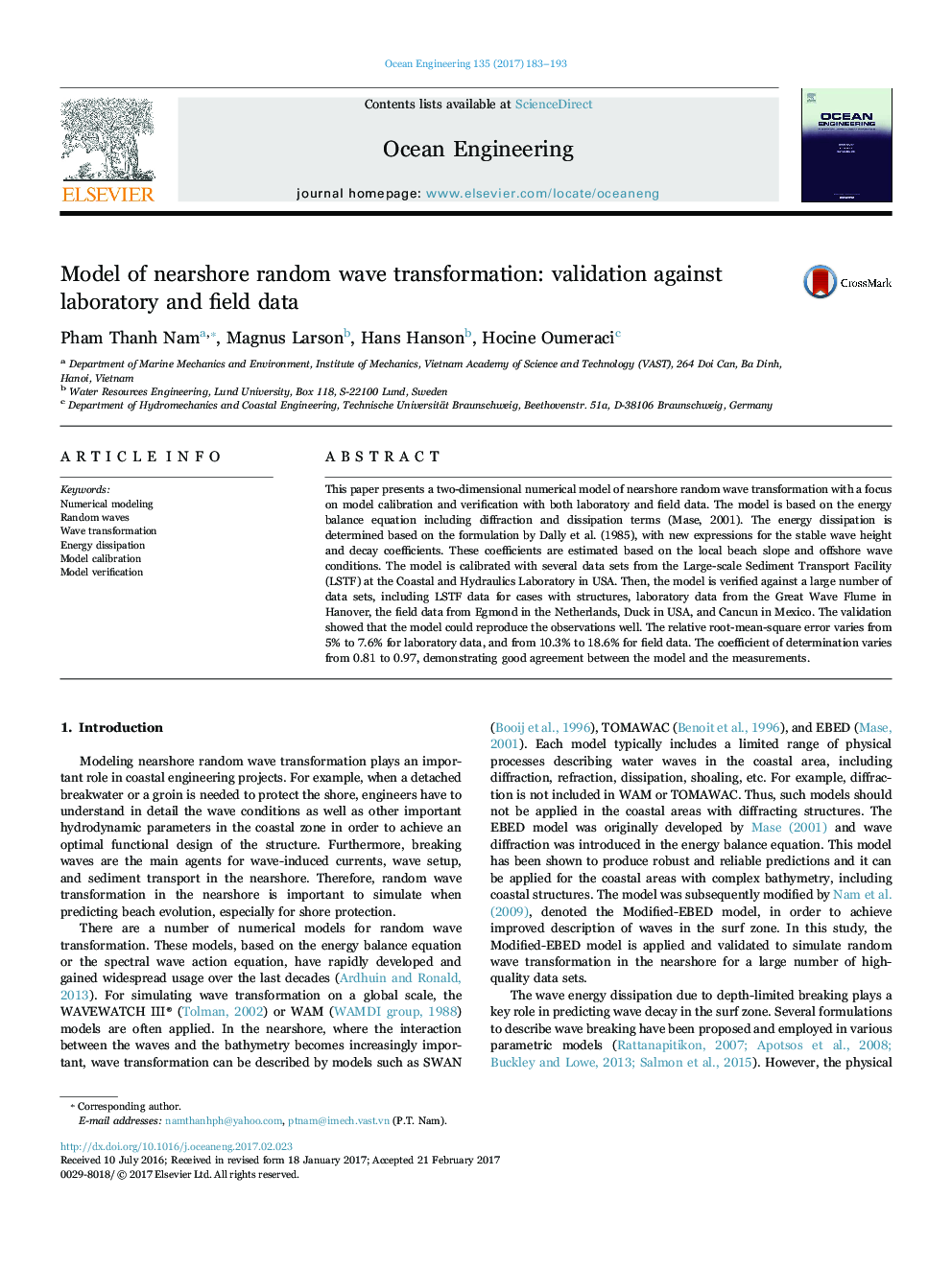 Model of nearshore random wave transformation: validation against laboratory and field data