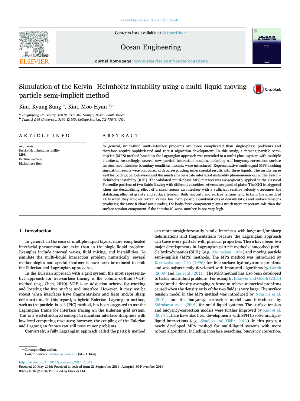 Simulation of the Kelvin-Helmholtz instability using a multi-liquid moving particle semi-implicit method