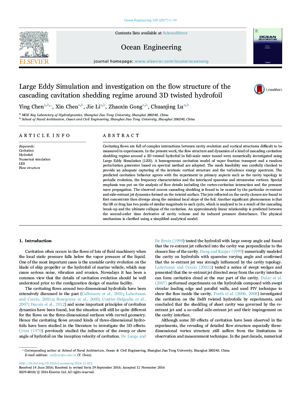 Large Eddy Simulation and investigation on the flow structure of the cascading cavitation shedding regime around 3D twisted hydrofoil