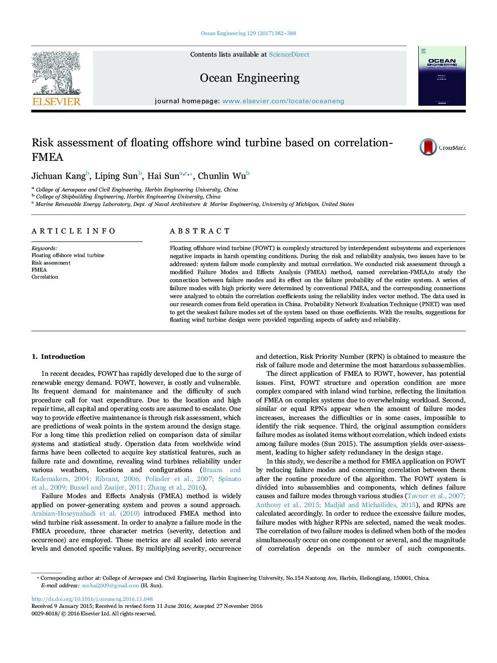 Risk assessment of floating offshore wind turbine based on correlation-FMEA