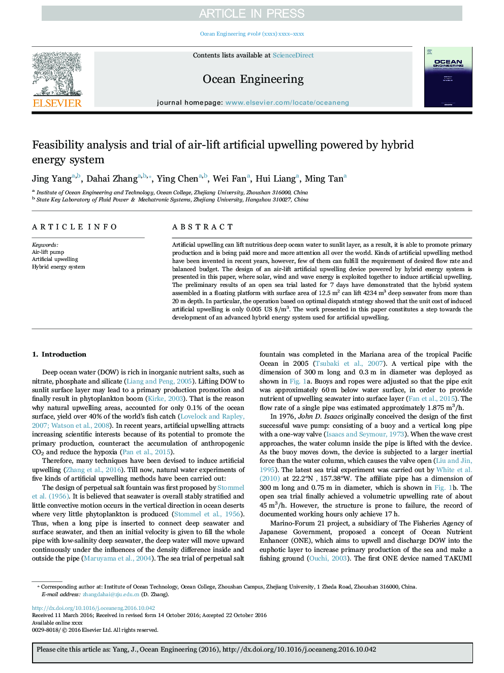 Feasibility analysis and trial of air-lift artificial upwelling powered by hybrid energy system