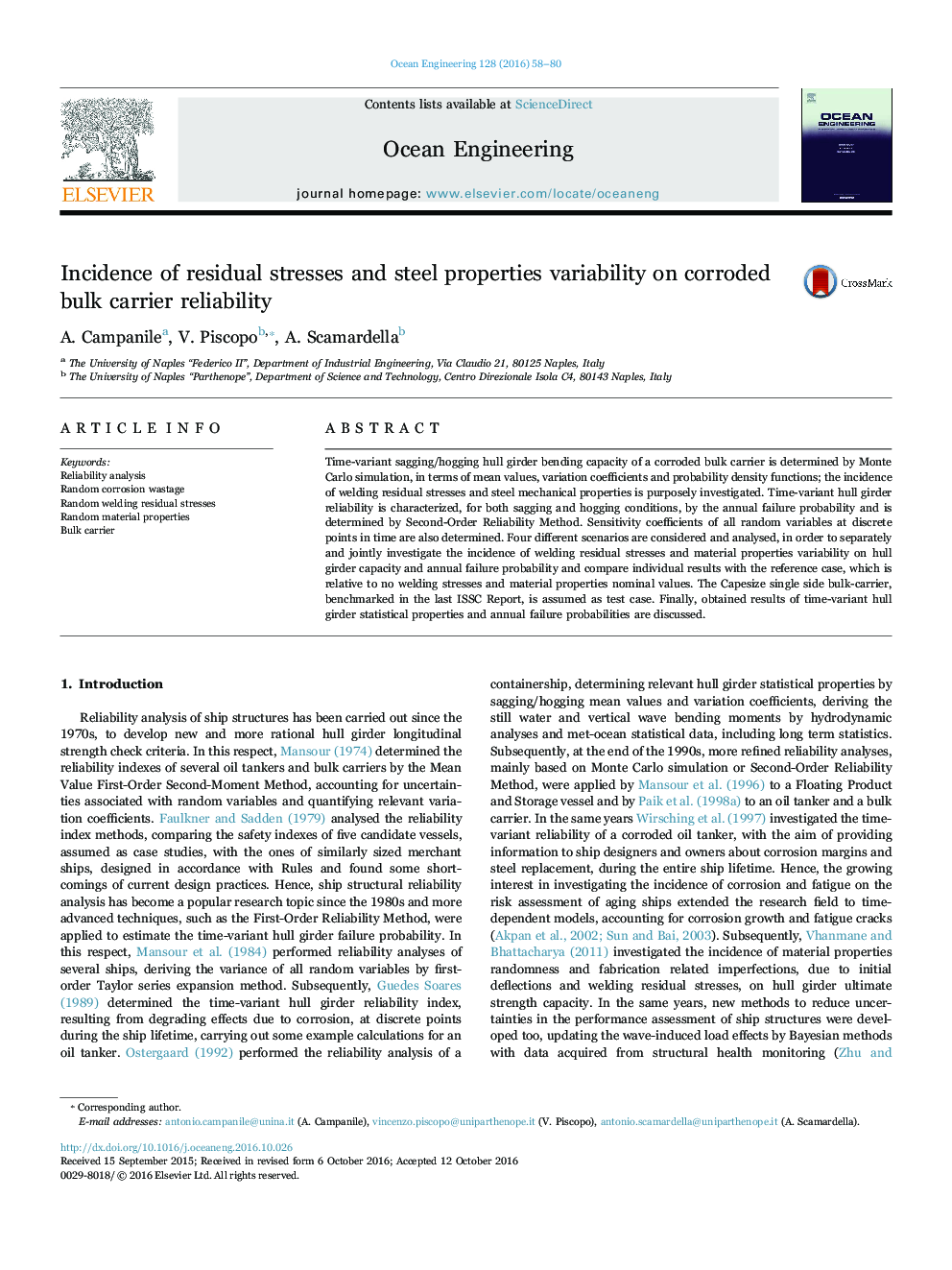 Incidence of residual stresses and steel properties variability on corroded bulk carrier reliability