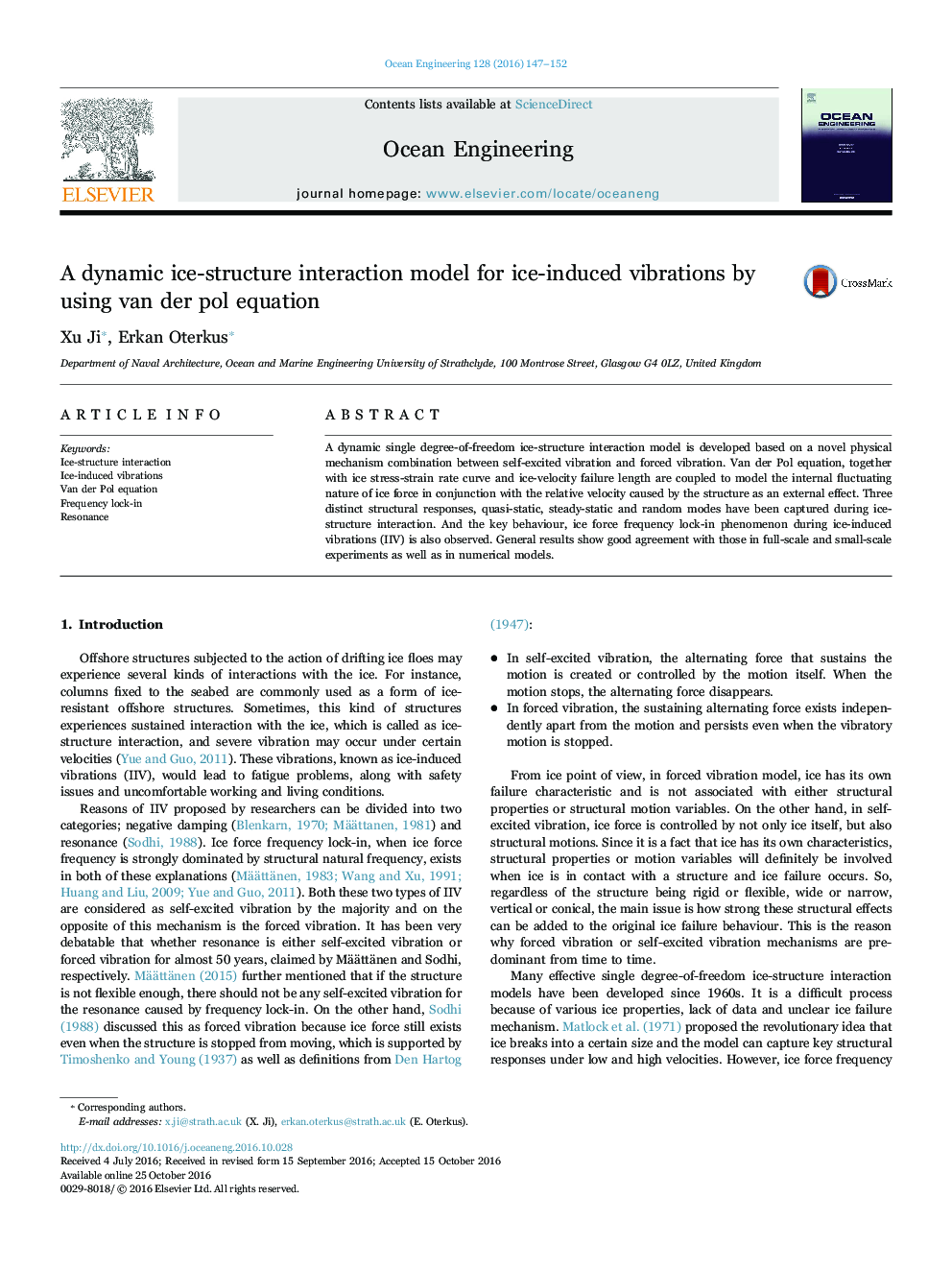 A dynamic ice-structure interaction model for ice-induced vibrations by using van der pol equation