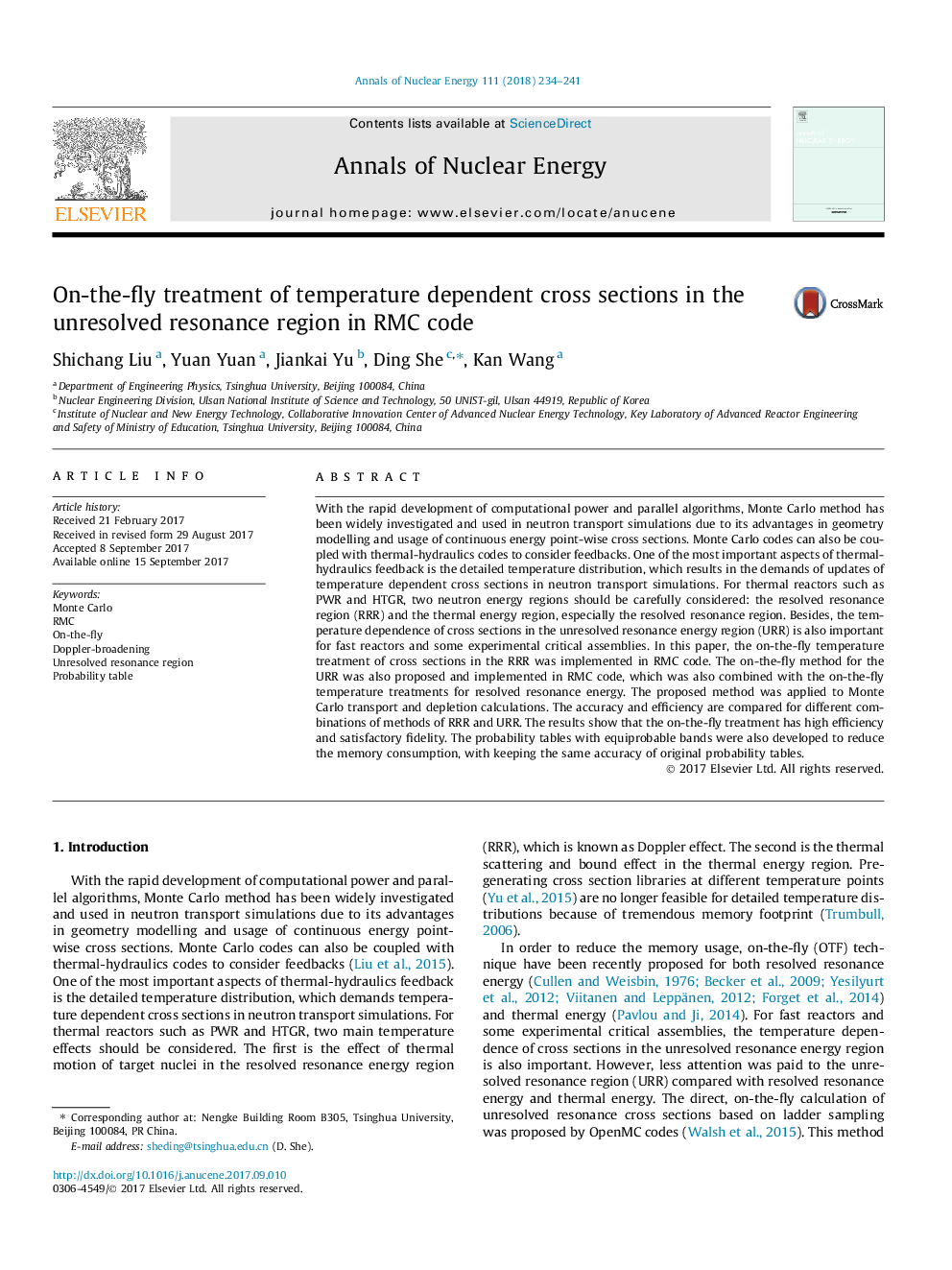 عکس صفحه اول مقاله: On-the-fly treatment of temperature dependent cross sections in the unresolved resonance region in RMC code On-the-fly treatment of temperature dependent cross sections in the unresolved resonance region in RMC code