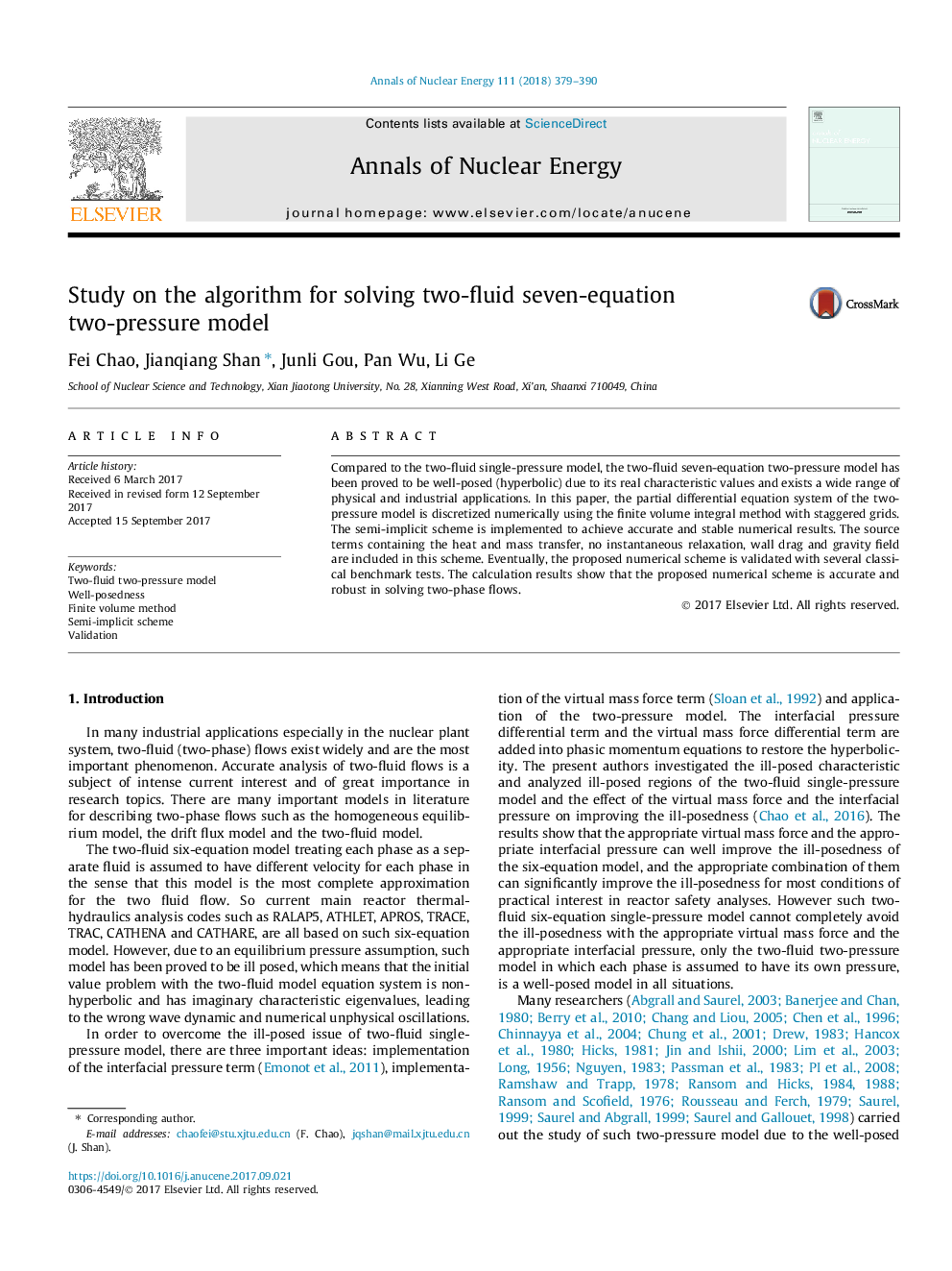 Study on the algorithm for solving two-fluid seven-equation two-pressure model