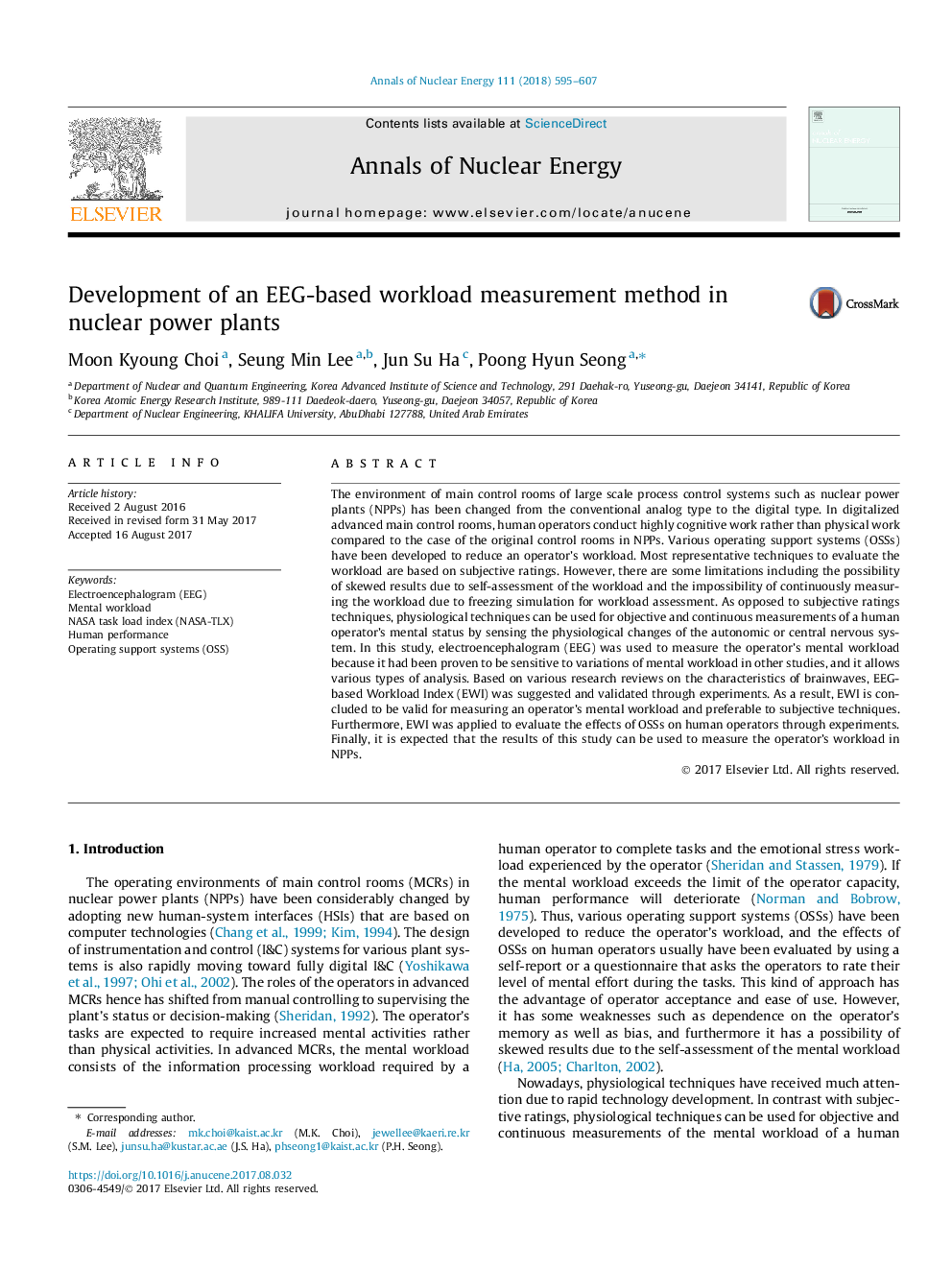 Development of an EEG-based workload measurement method in nuclear power plants