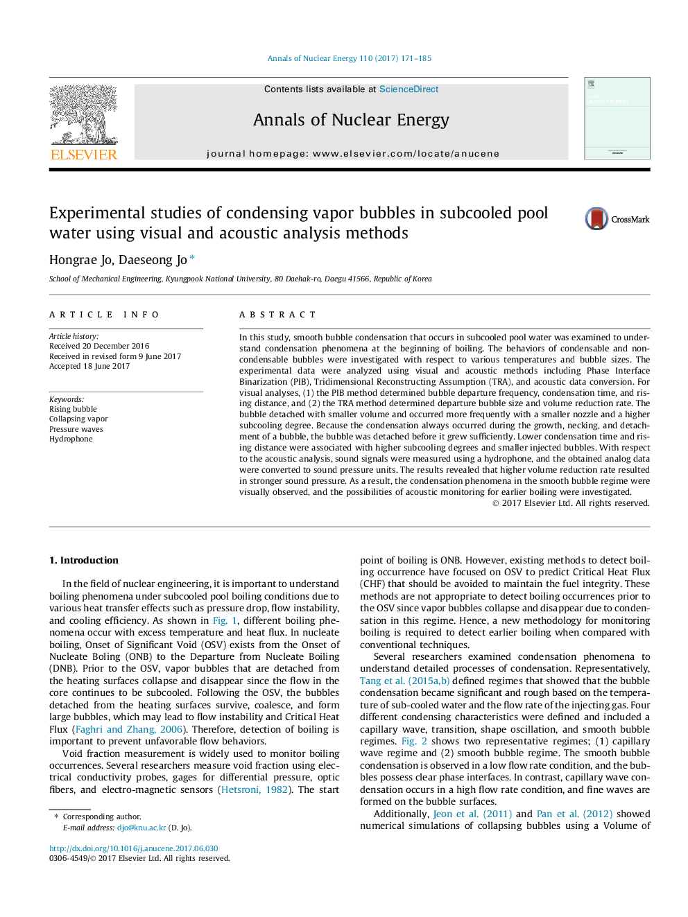 Experimental studies of condensing vapor bubbles in subcooled pool water using visual and acoustic analysis methods