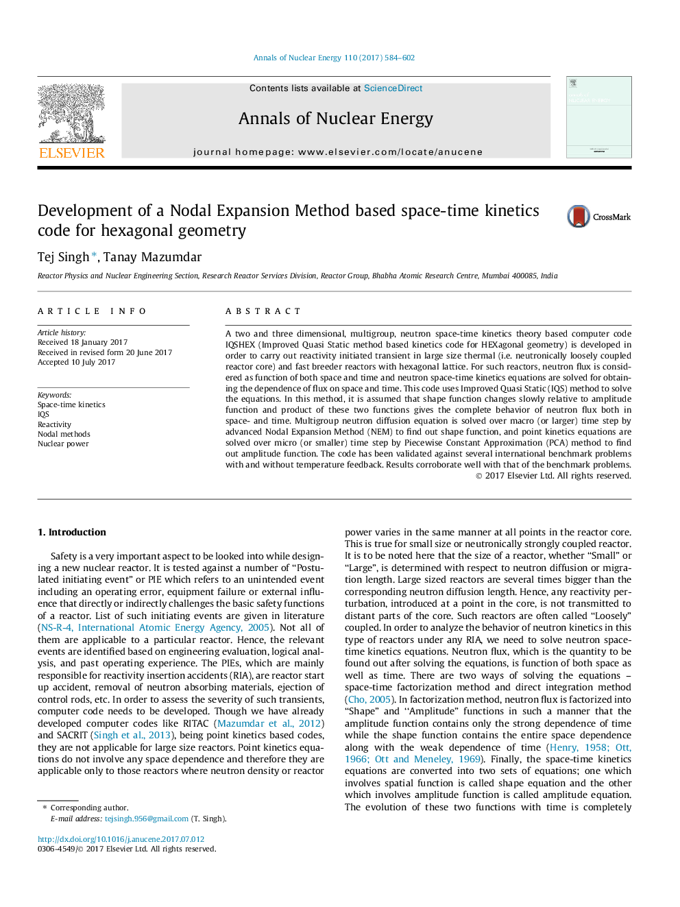 Development of a Nodal Expansion Method based space-time kinetics code for hexagonal geometry