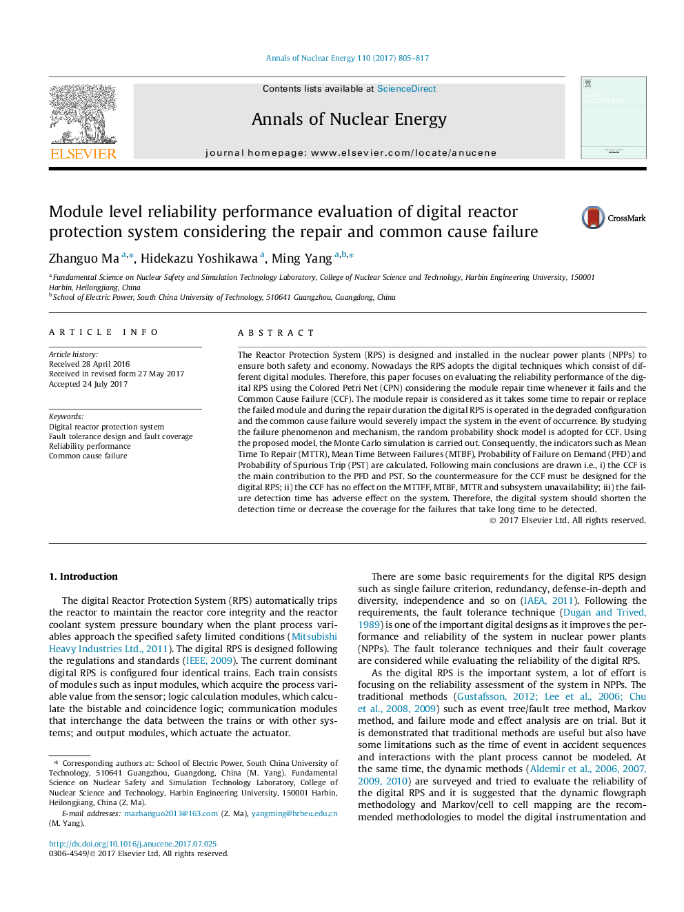 Module level reliability performance evaluation of digital reactor protection system considering the repair and common cause failure