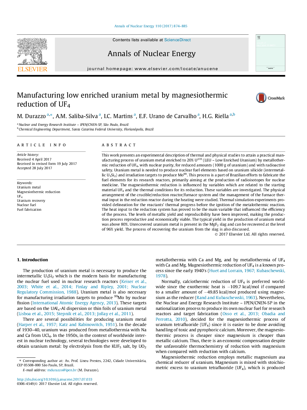 Manufacturing low enriched uranium metal by magnesiothermic reduction of UF4