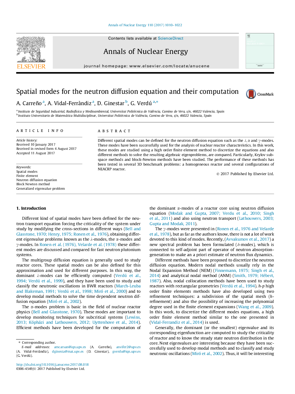 Spatial modes for the neutron diffusion equation and their computation