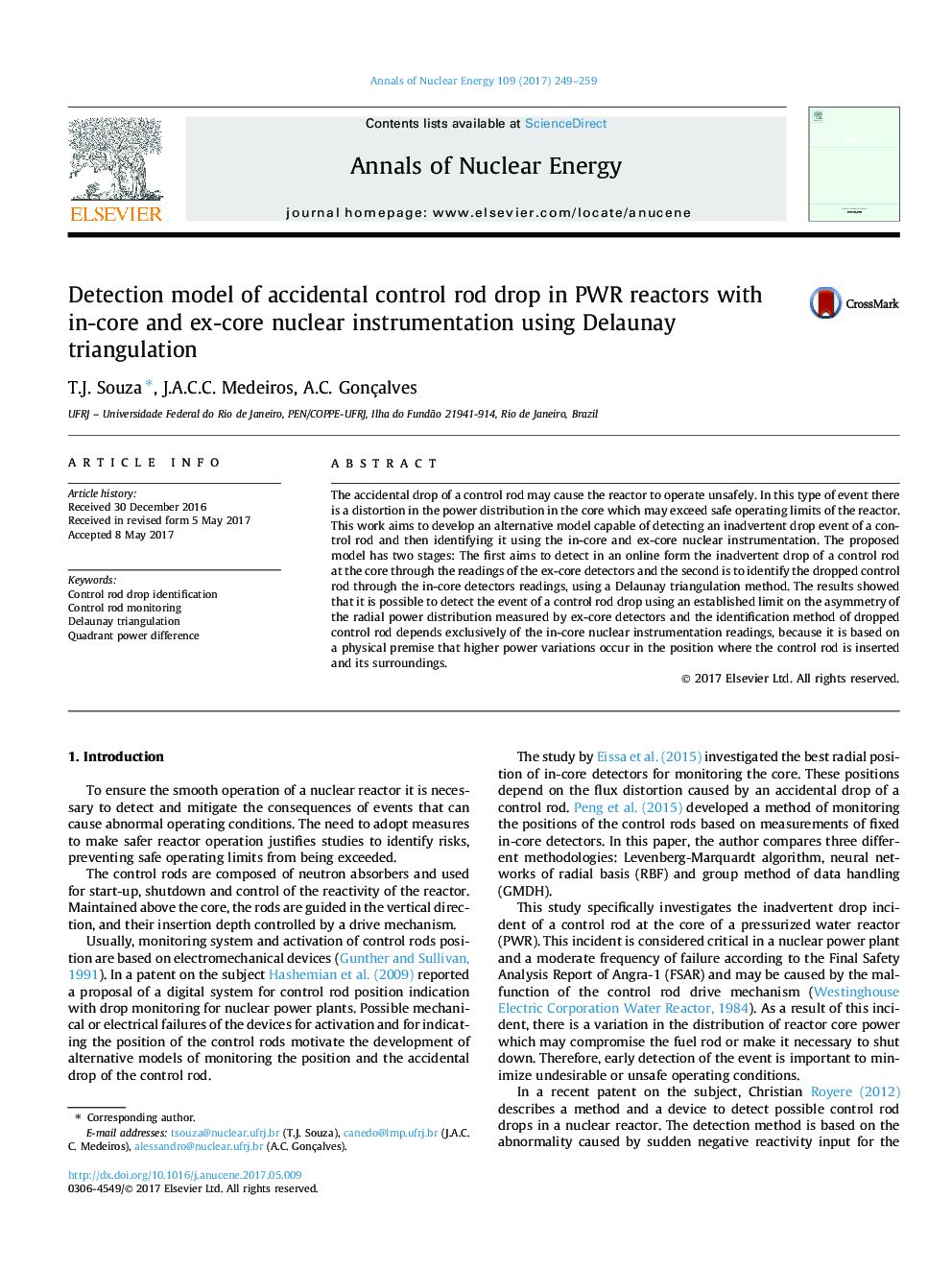 Detection model of accidental control rod drop in PWR reactors with in-core and ex-core nuclear instrumentation using Delaunay triangulation