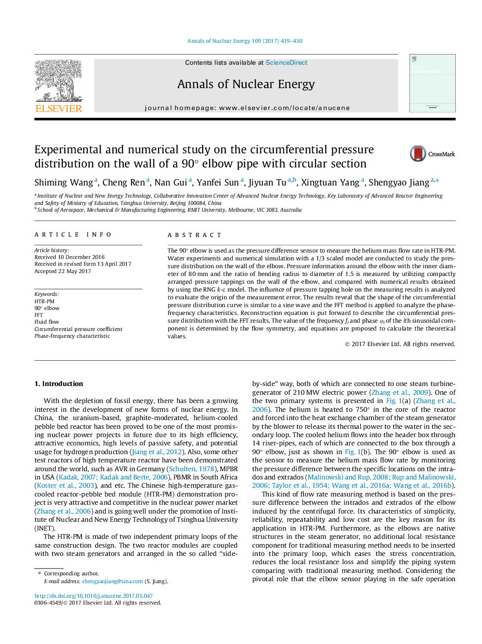 Experimental and numerical study on the circumferential pressure distribution on the wall of a 90Â° elbow pipe with circular section