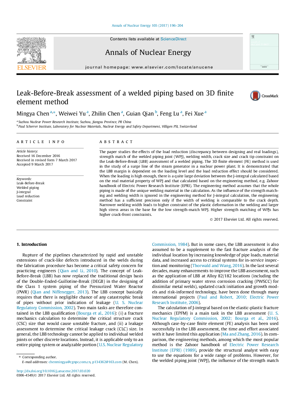 Leak-Before-Break assessment of a welded piping based on 3D finite element method