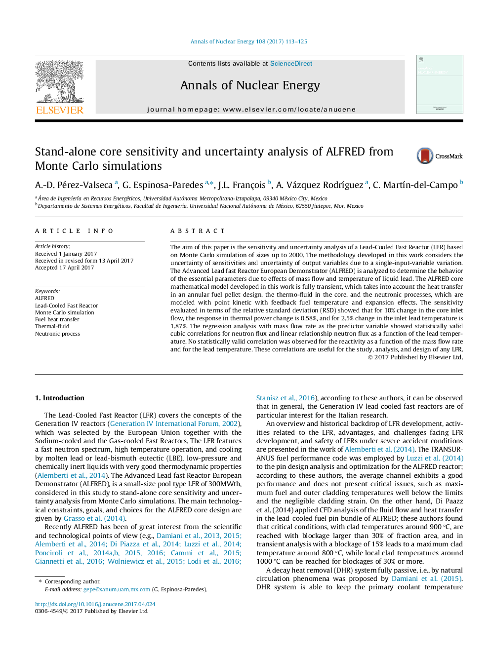 Stand-alone core sensitivity and uncertainty analysis of ALFRED from Monte Carlo simulations