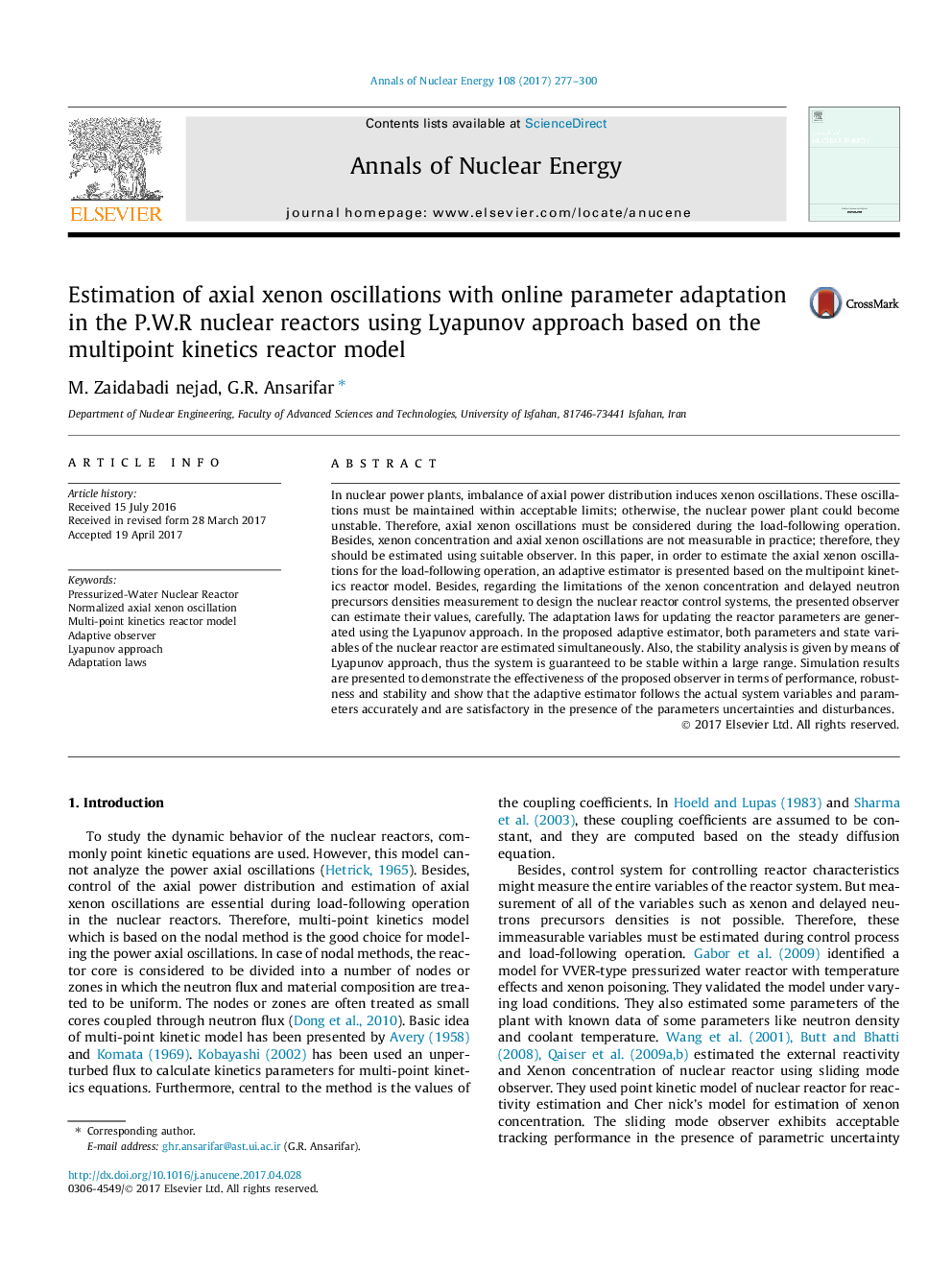 Estimation of axial xenon oscillations with online parameter adaptation in the P.W.R nuclear reactors using Lyapunov approach based on the multipoint kinetics reactor model