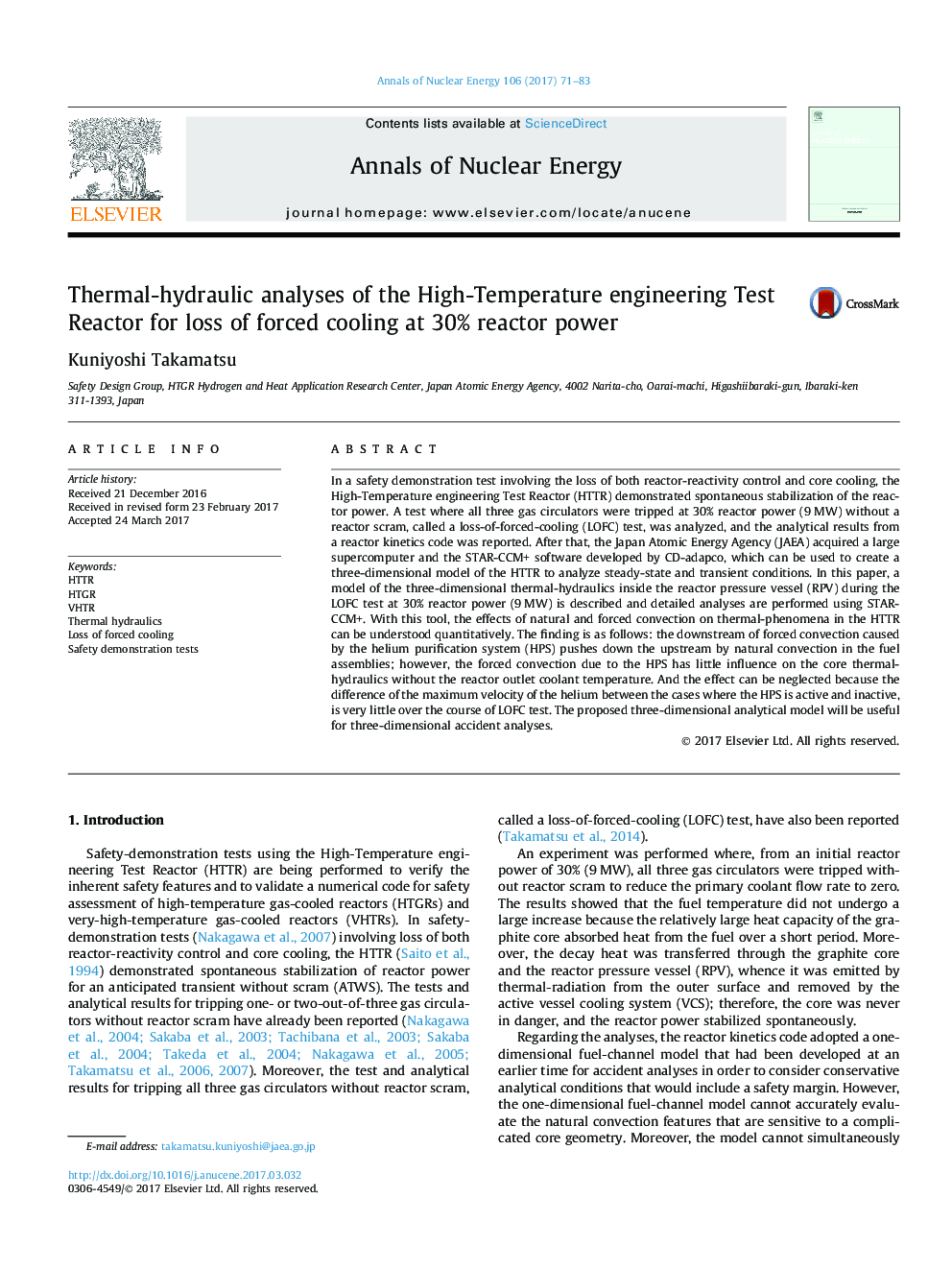 Thermal-hydraulic analyses of the High-Temperature engineering Test Reactor for loss of forced cooling at 30% reactor power