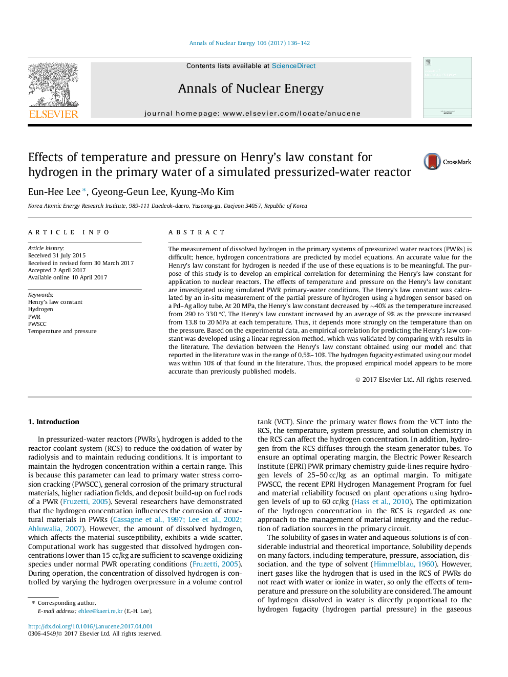 Effects of temperature and pressure on Henry's law constant for hydrogen in the primary water of a simulated pressurized-water reactor