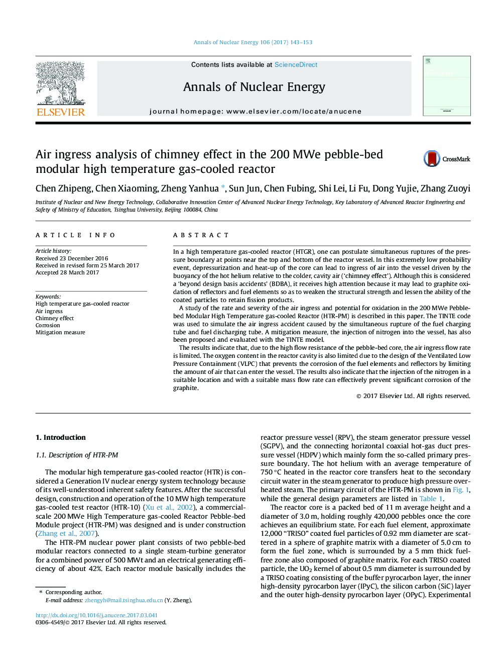 Air ingress analysis of chimney effect in the 200Â MWe pebble-bed modular high temperature gas-cooled reactor