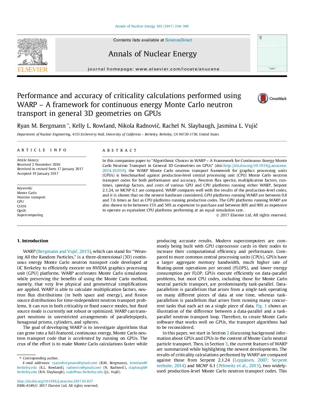 Performance and accuracy of criticality calculations performed using WARP - A framework for continuous energy Monte Carlo neutron transport in general 3D geometries on GPUs