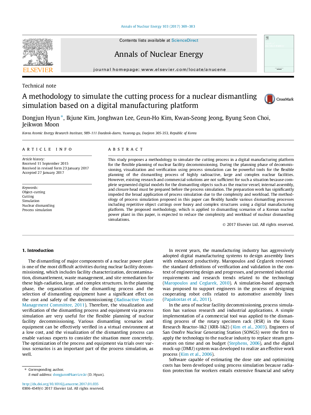 A methodology to simulate the cutting process for a nuclear dismantling simulation based on a digital manufacturing platform