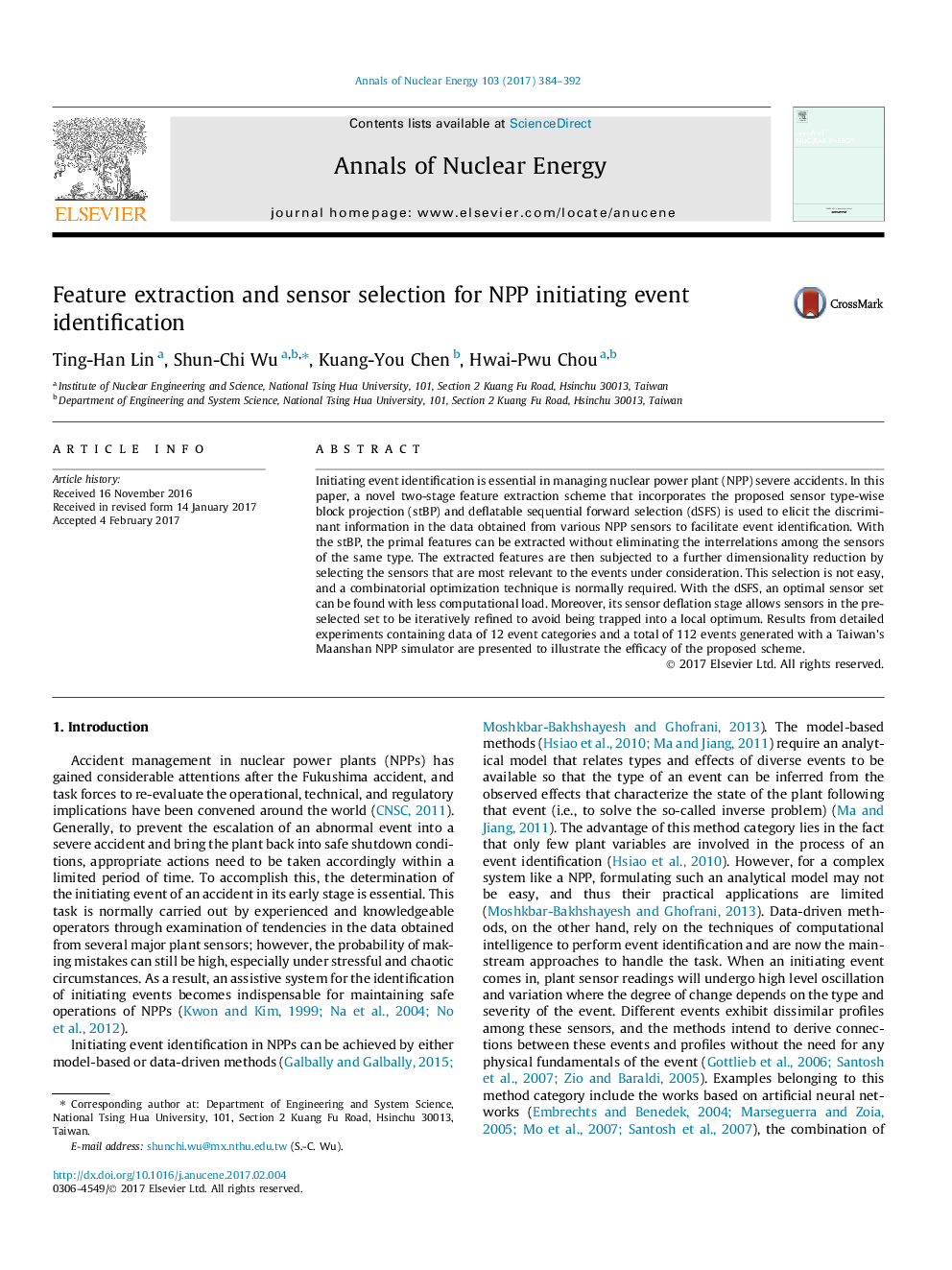 Feature extraction and sensor selection for NPP initiating event identification