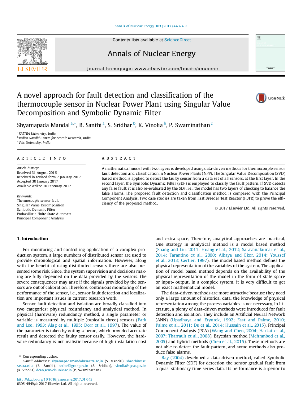 A novel approach for fault detection and classification of the thermocouple sensor in Nuclear Power Plant using Singular Value Decomposition and Symbolic Dynamic Filter