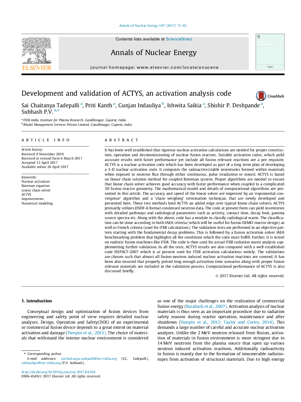 Development and validation of ACTYS, an activation analysis code