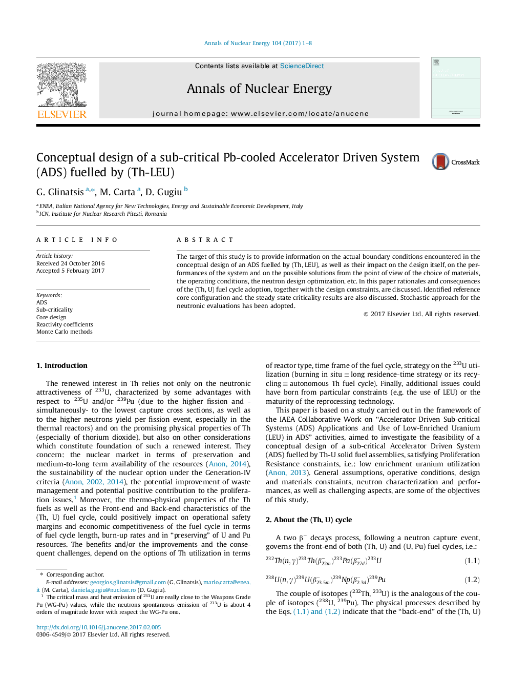 Conceptual design of a sub-critical Pb-cooled Accelerator Driven System (ADS) fuelled by (Th-LEU)