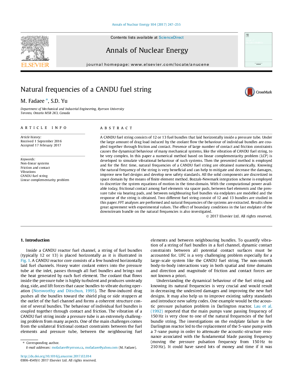 Natural frequencies of a CANDU fuel string