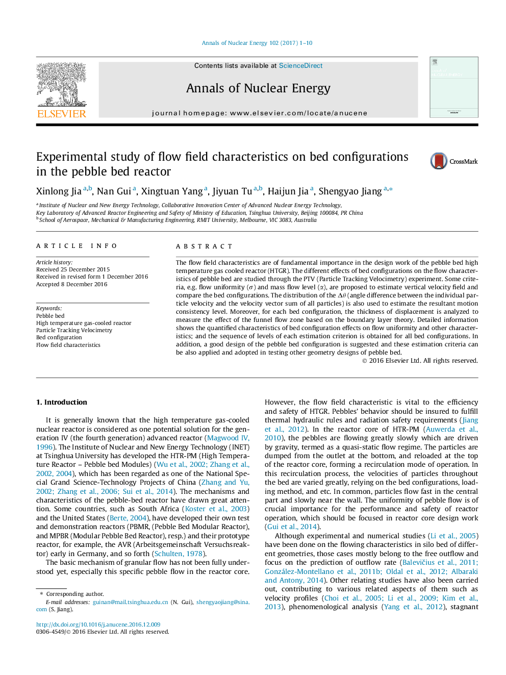 Experimental study of flow field characteristics on bed configurations in the pebble bed reactor