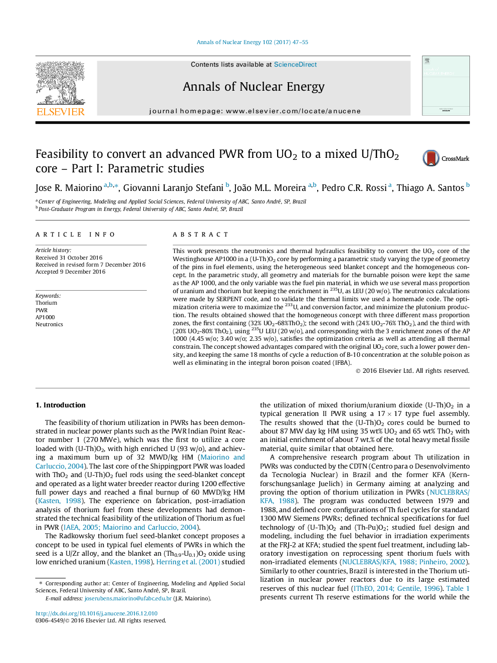 Feasibility to convert an advanced PWR from UO2 to a mixed U/ThO2 core - Part I: Parametric studies