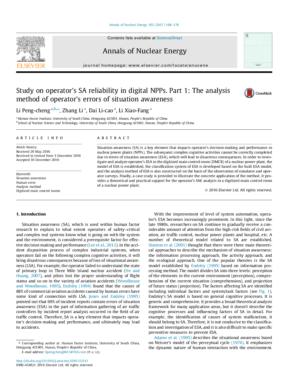 Study on operator's SA reliability in digital NPPs. Part 1: The analysis method of operator's errors of situation awareness