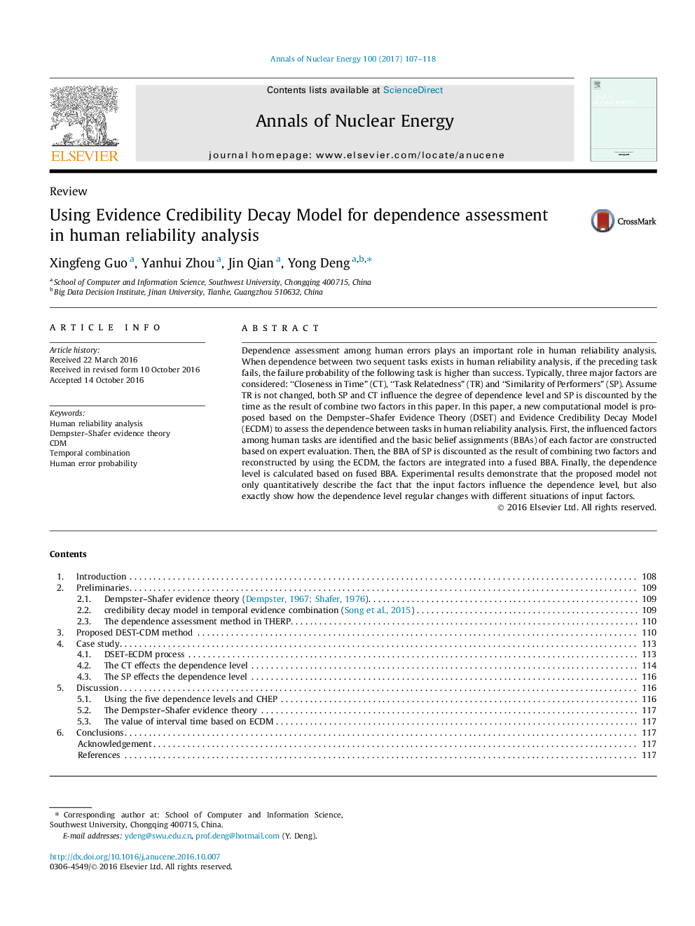 Using Evidence Credibility Decay Model for dependence assessment in human reliability analysis