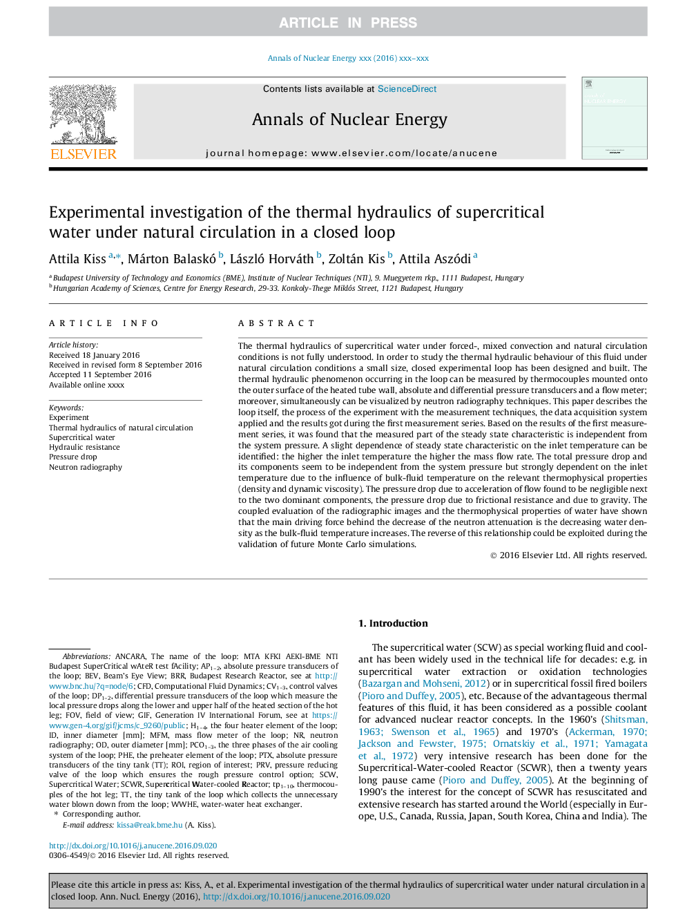 Experimental investigation of the thermal hydraulics of supercritical water under natural circulation in a closed loop