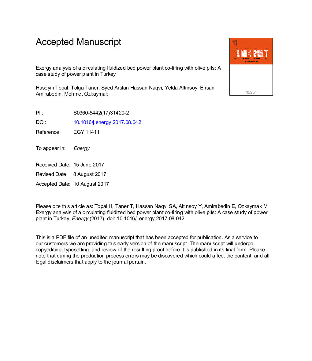 Exergy analysis of a circulating fluidized bed power plant co-firing with olive pits: A case study of power plant in Turkey