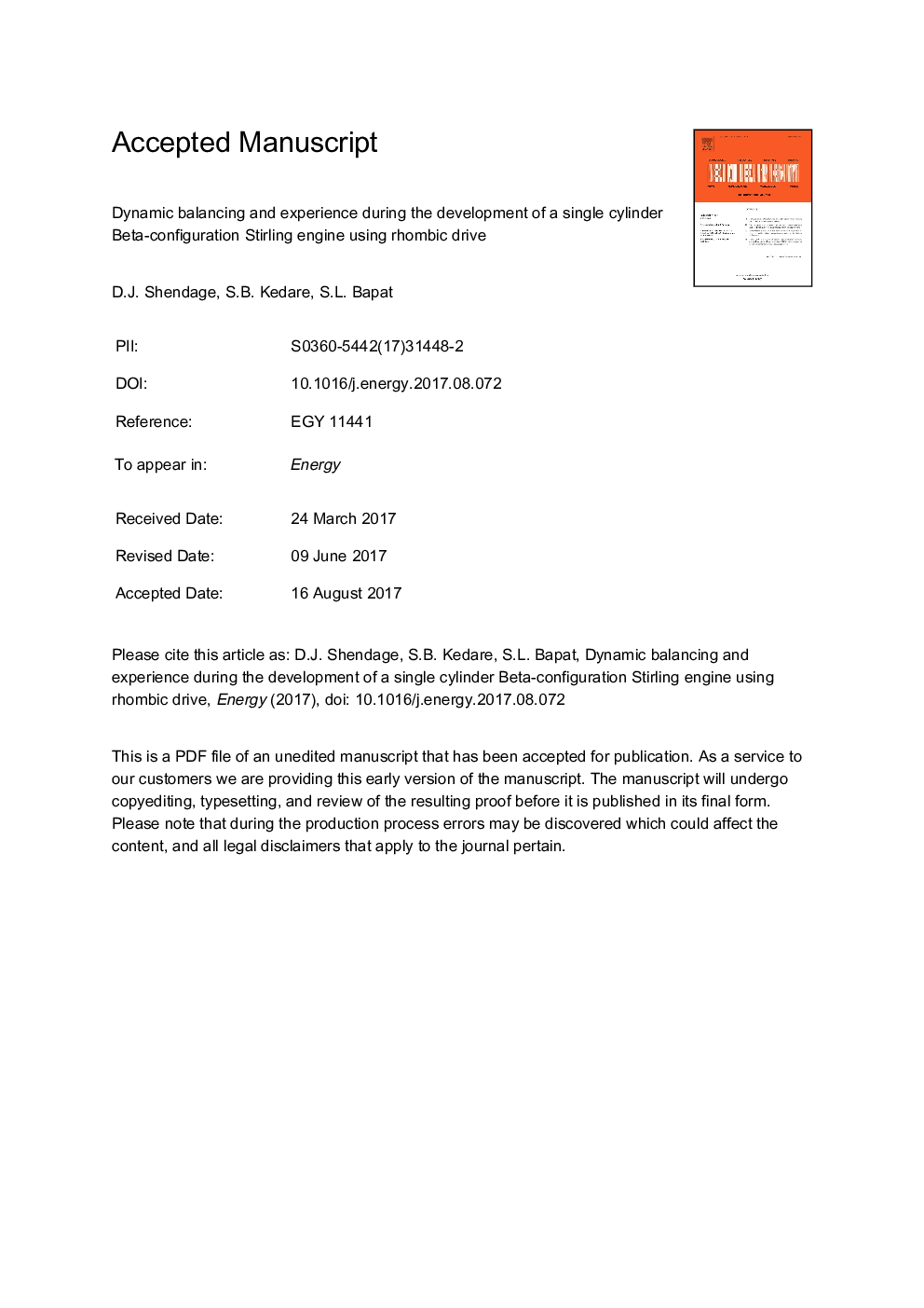 Dynamic balancing and experience during the development of a single cylinder Beta-configuration Stirling engine using rhombic drive