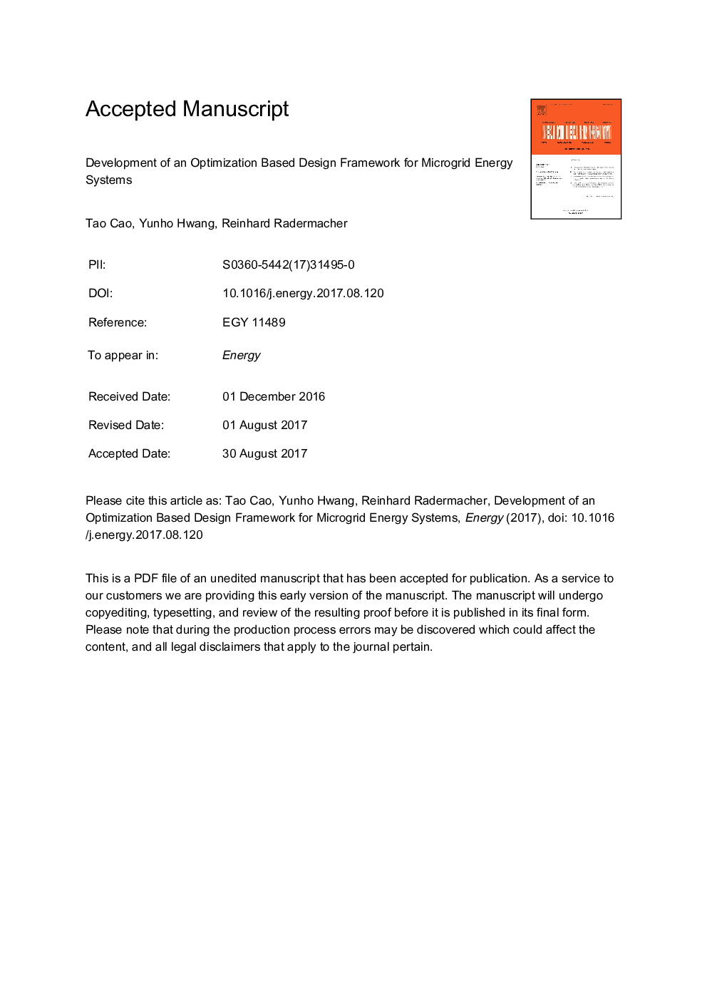 Development of an optimization based design framework for microgrid energy systems