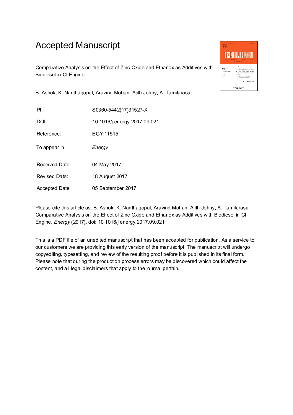 Comparative analysis on the effect of zinc oxide and ethanox as additives with biodiesel in CI engine