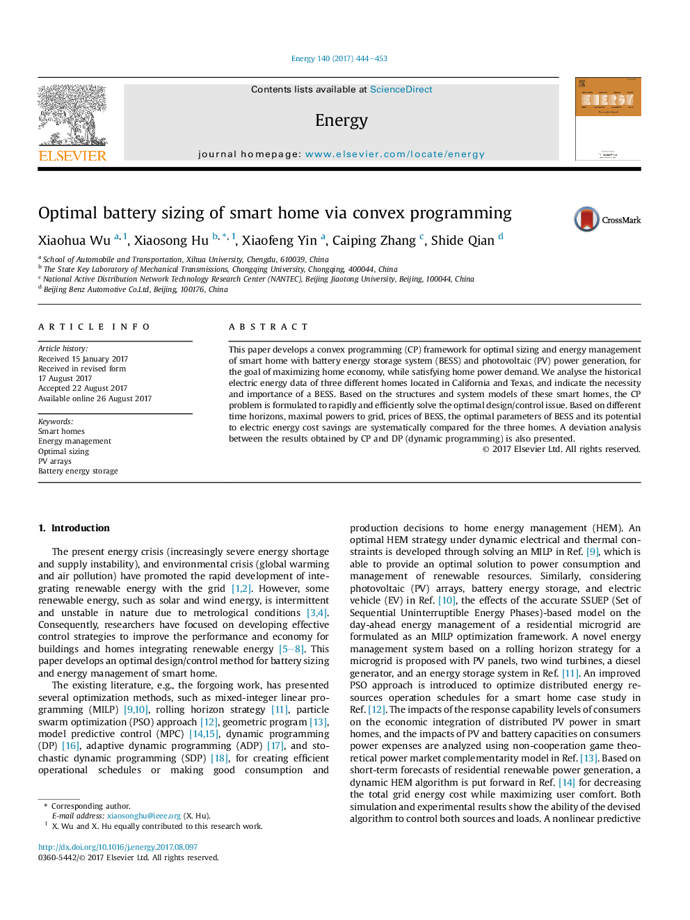 Optimal battery sizing of smart home via convex programming