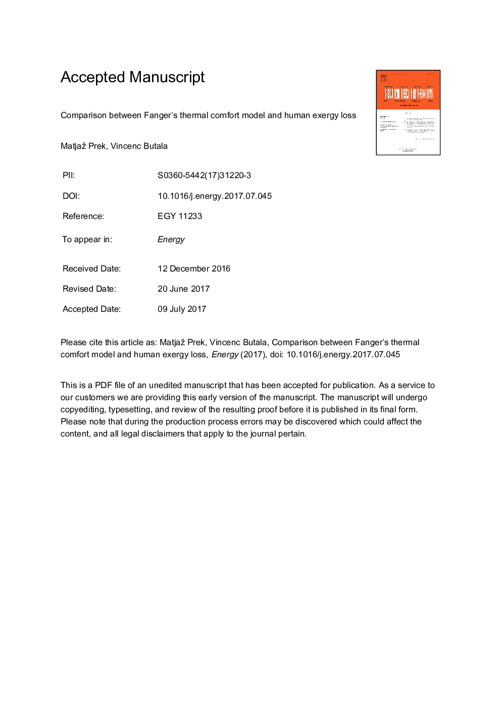 عکس صفحه اول مقاله: Comparison between Fanger's thermal comfort model and human exergy loss Comparison between Fanger's thermal comfort model and human exergy loss