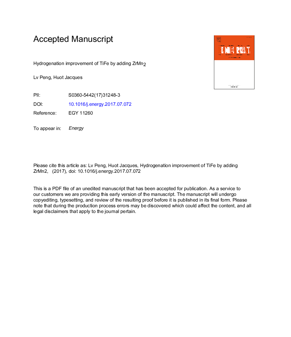 Hydrogenation improvement of TiFe by adding ZrMn2