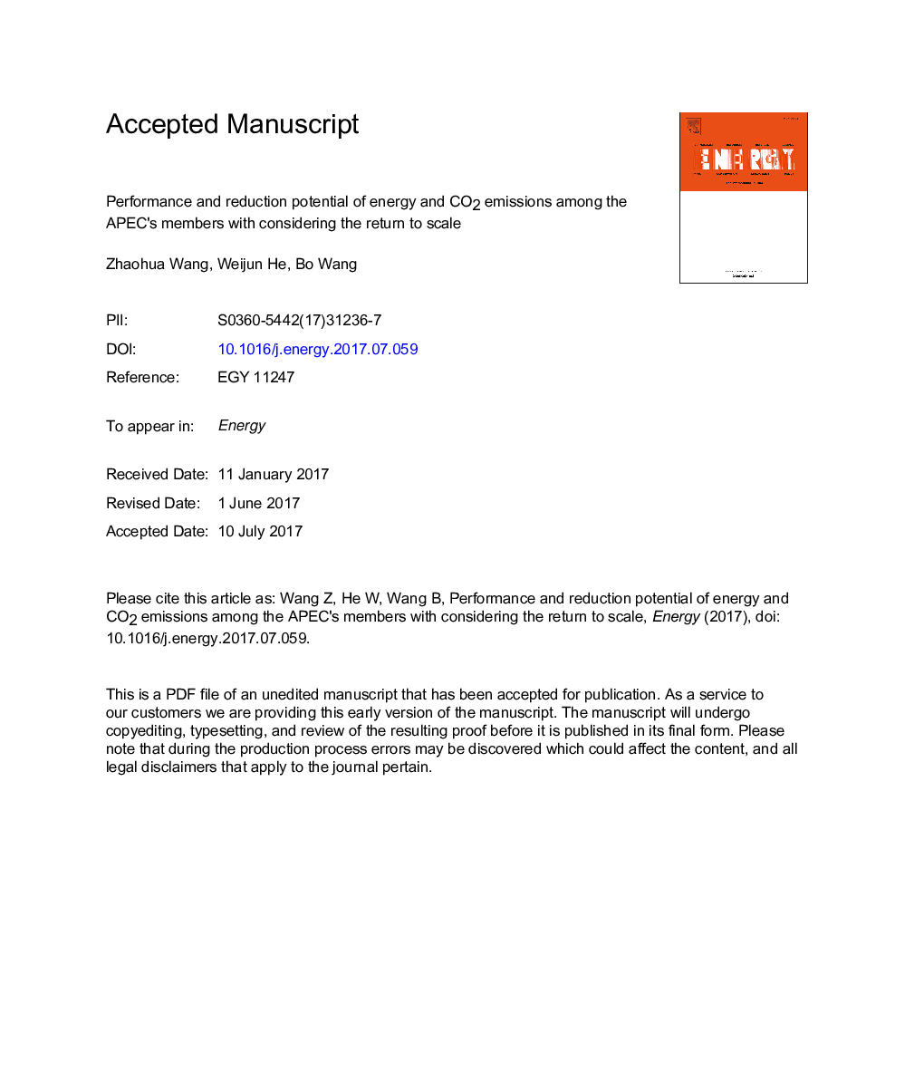 Performance and reduction potential of energy and CO2 emissions among the APEC's members with considering the return to scale